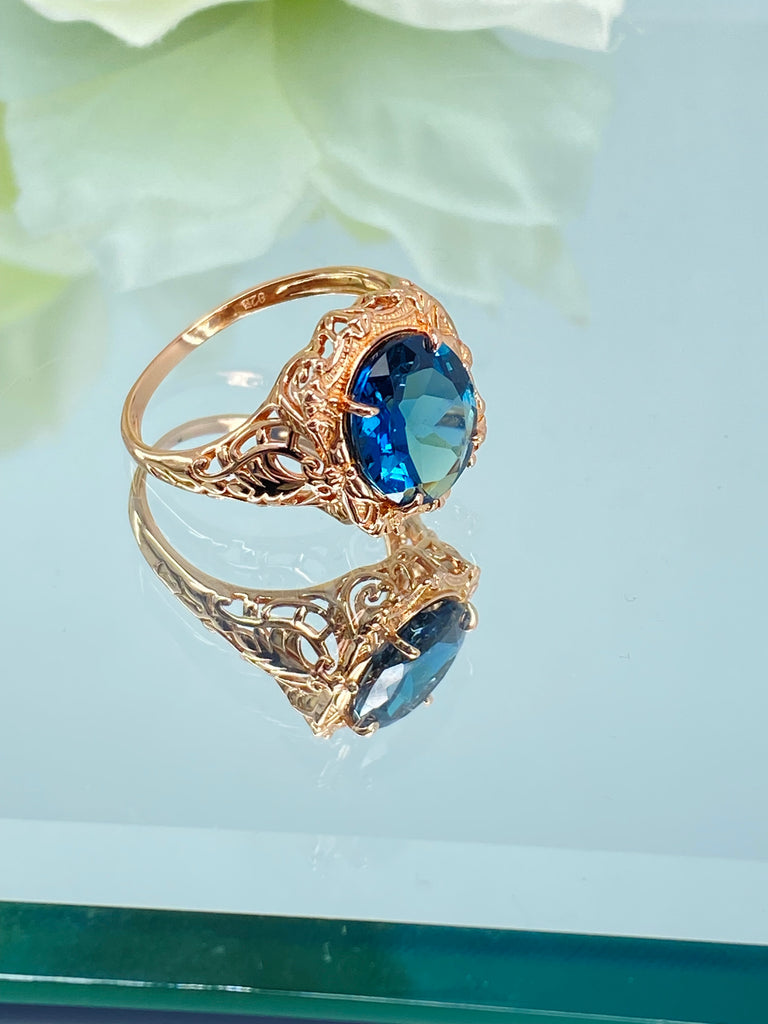 Natural London Blue Topaz Ring, Natural Gemstone, Beauty Ring, Oval Art Nouveau Ring, Rose Gold Filigree, Silver Embrace Jewelry, D229