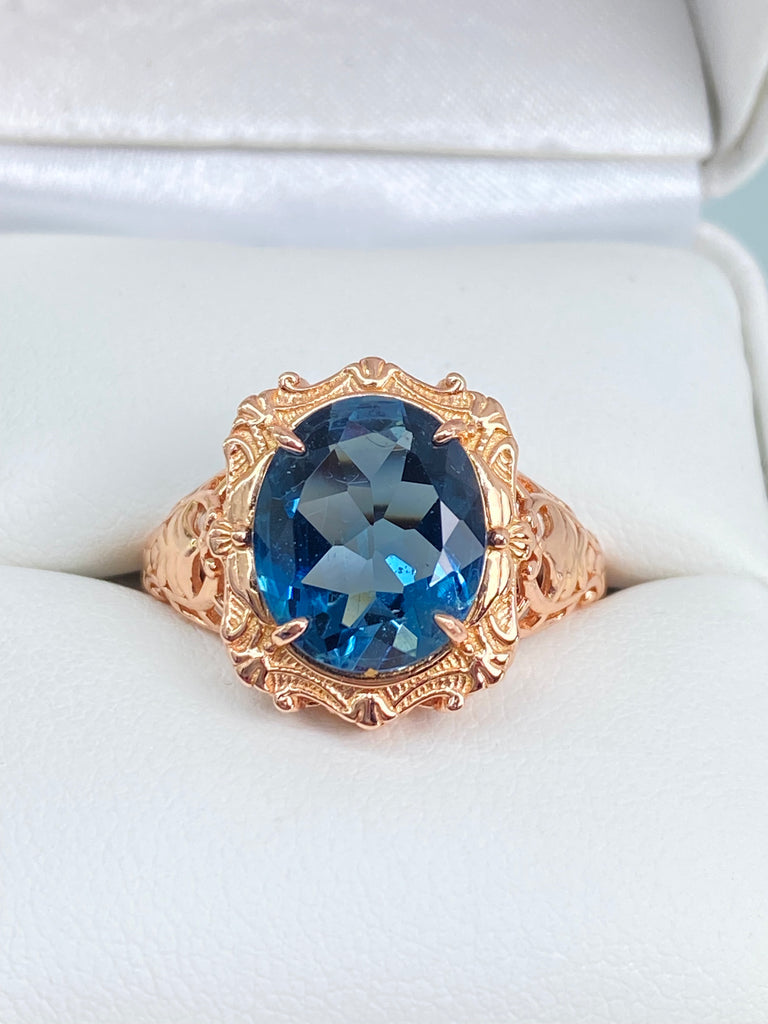 Natural London Blue Topaz Ring, Natural Gemstone, Beauty Ring, Oval Art Nouveau Ring, Rose Gold Filigree, Silver Embrace Jewelry, D229