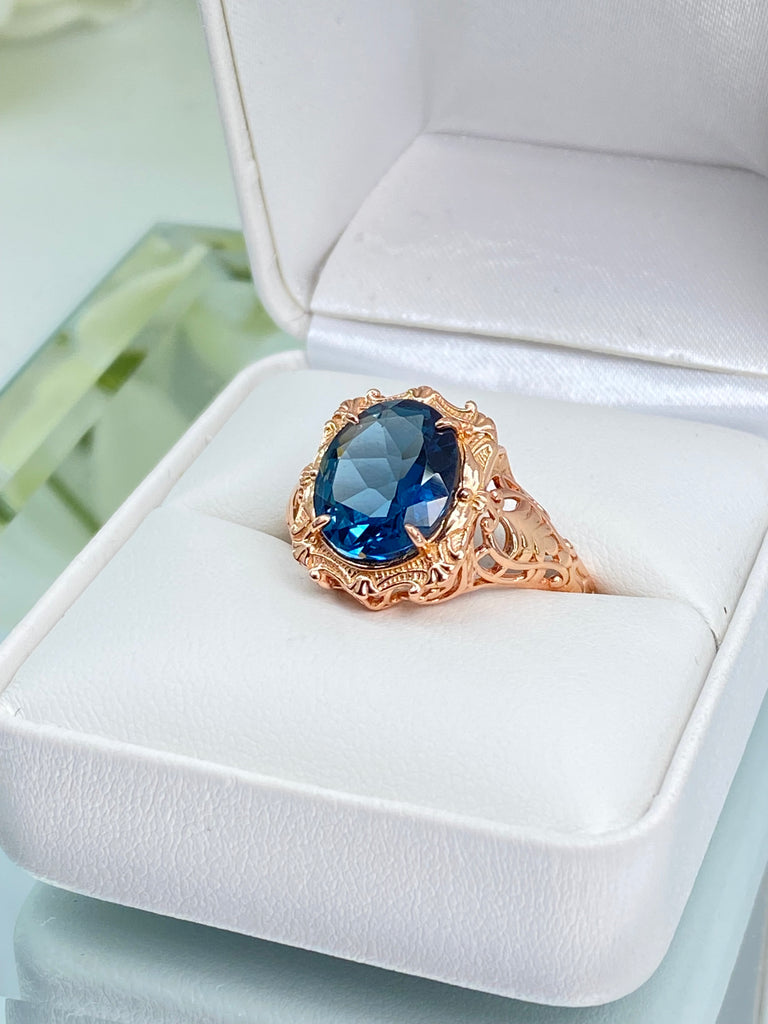 Natural London Blue Topaz Ring, Natural Gemstone, Beauty Ring, Oval Art Nouveau Ring, Rose Gold Filigree, Silver Embrace Jewelry, D229