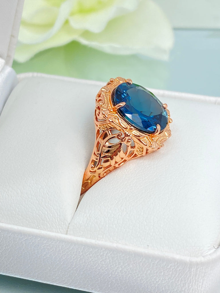 Natural London Blue Topaz Ring, Natural Gemstone, Beauty Ring, Oval Art Nouveau Ring, Rose Gold Filigree, Silver Embrace Jewelry, D229