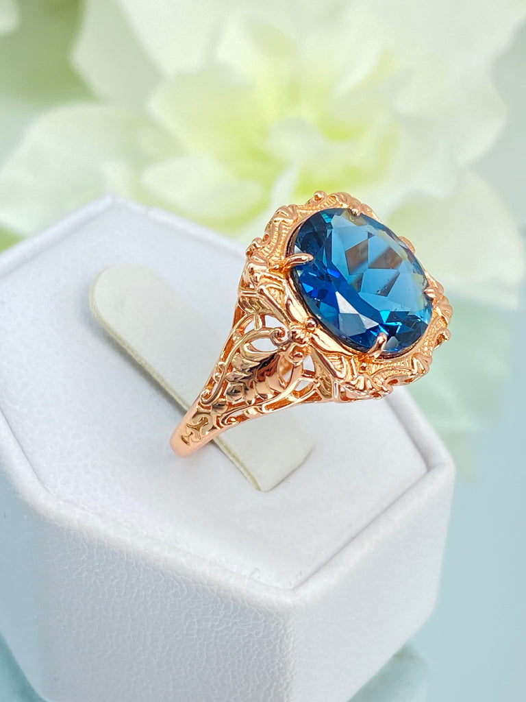 Natural London Blue Topaz Ring, Natural Gemstone, Beauty Ring, Oval Art Nouveau Ring, Rose Gold Filigree, Silver Embrace Jewelry, D229