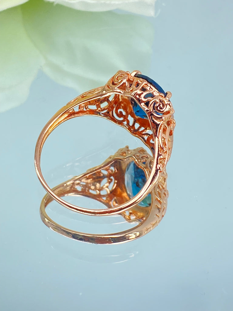 Natural London Blue Topaz Ring, Natural Gemstone, Beauty Ring, Oval Art Nouveau Ring, Rose Gold Filigree, Silver Embrace Jewelry, D229