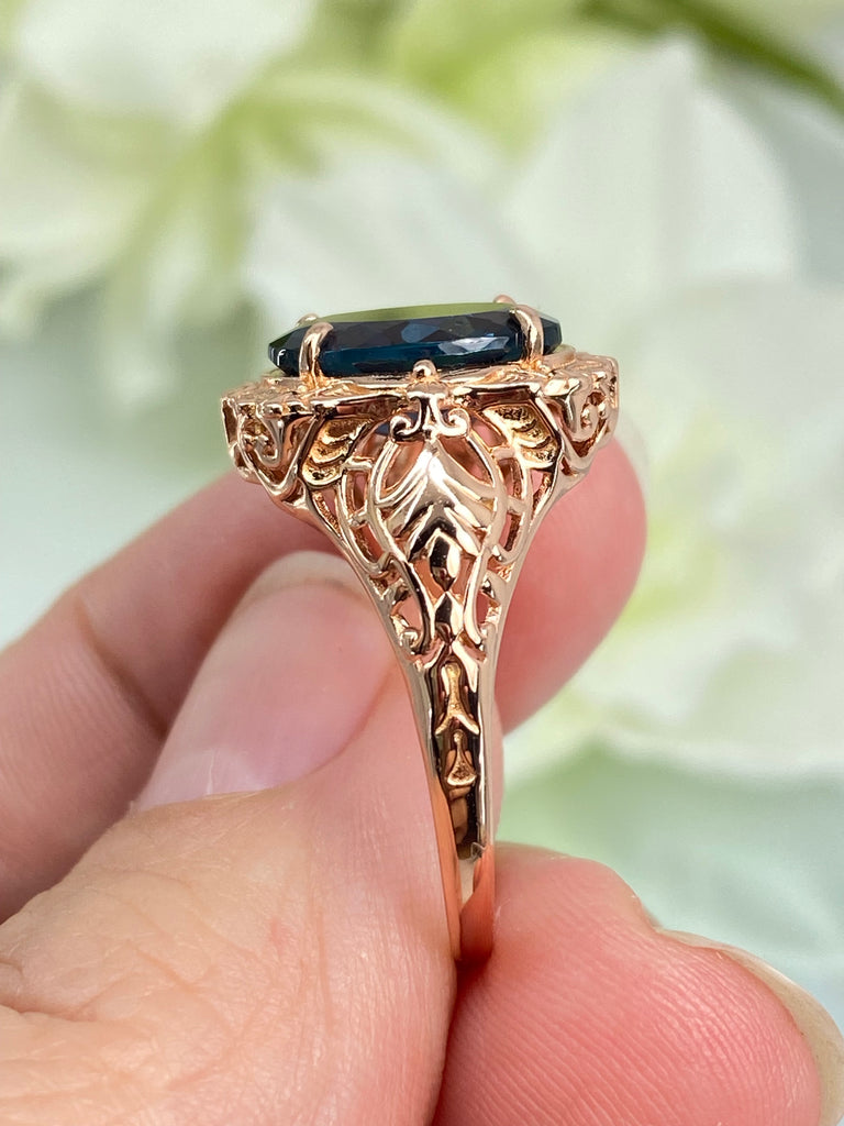 Natural London Blue Topaz Ring, Natural Gemstone, Beauty Ring, Oval Art Nouveau Ring, Rose Gold Filigree, Silver Embrace Jewelry, D229