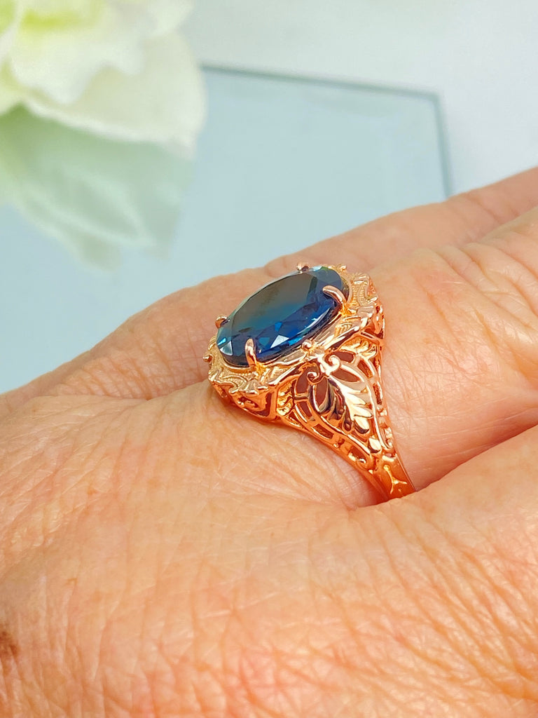 Natural London Blue Topaz Ring, Natural Gemstone, Beauty Ring, Oval Art Nouveau Ring, Rose Gold Filigree, Silver Embrace Jewelry, D229