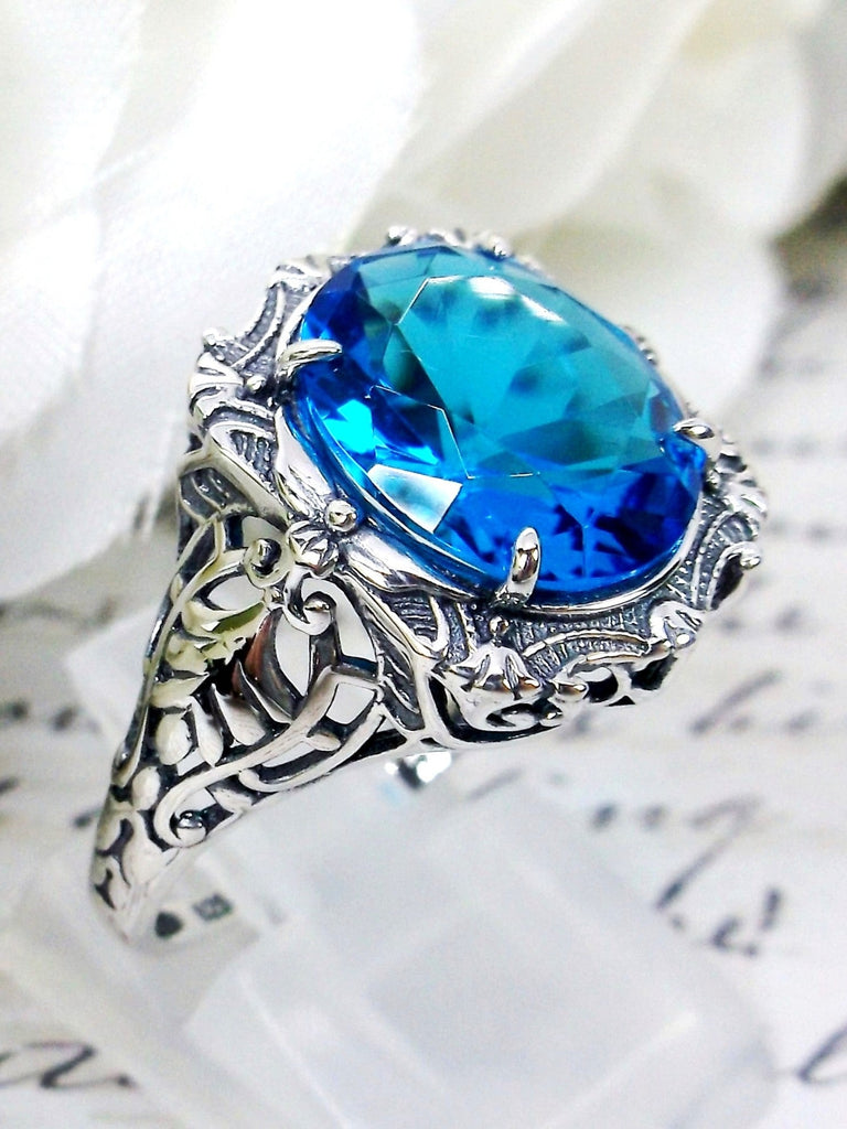 Swiss Blue Topaz Ring, Oval gemstone, Art Nouveau style, Sterling Silver filigree, Vintage style ring, Silver Embrace Jewelry, D229 Beauty Ring