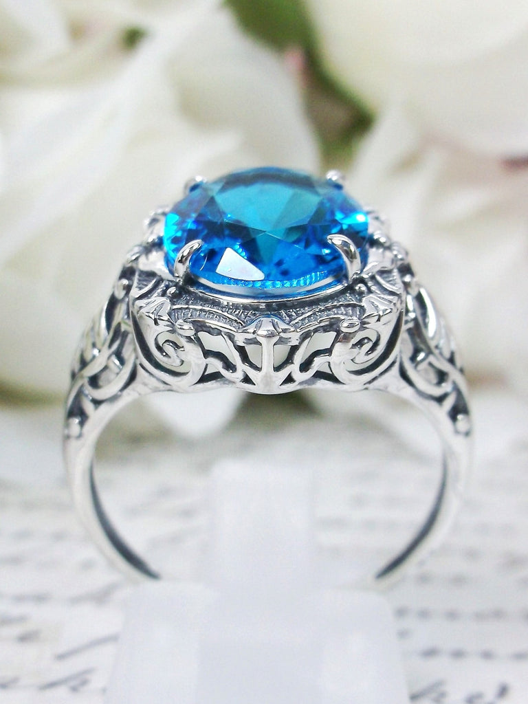 Swiss Blue Topaz Ring, Art Nouveau Style, Gothic vintage style, Sterling silver Filigree, Beauty Ring, D229, Silver Embrace Jewelry