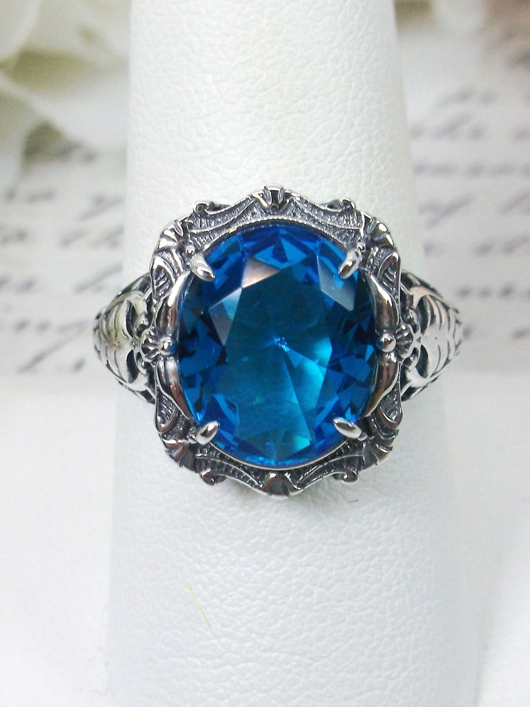 Swiss Blue topaz Ring, Oval gemstone, Art Nouveau style, Sterling Silver filigree, Vintage style ring, Silver Embrace Jewelry, D229 Beauty Ring