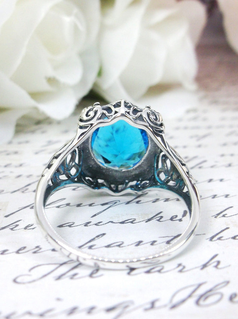 Swiss Blue Topaz Ring, Art Nouveau Style, Gothic vintage style, Sterling silver Filigree, Beauty Ring, D229, Silver Embrace Jewelry