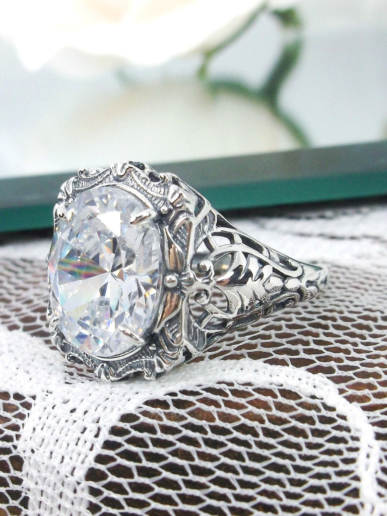 Sparkling White CZ Ring, Oval gemstone, Art Nouveau style, Sterling Silver filigree, Vintage style ring, Silver Embrace Jewelry, D229 Beauty Ring