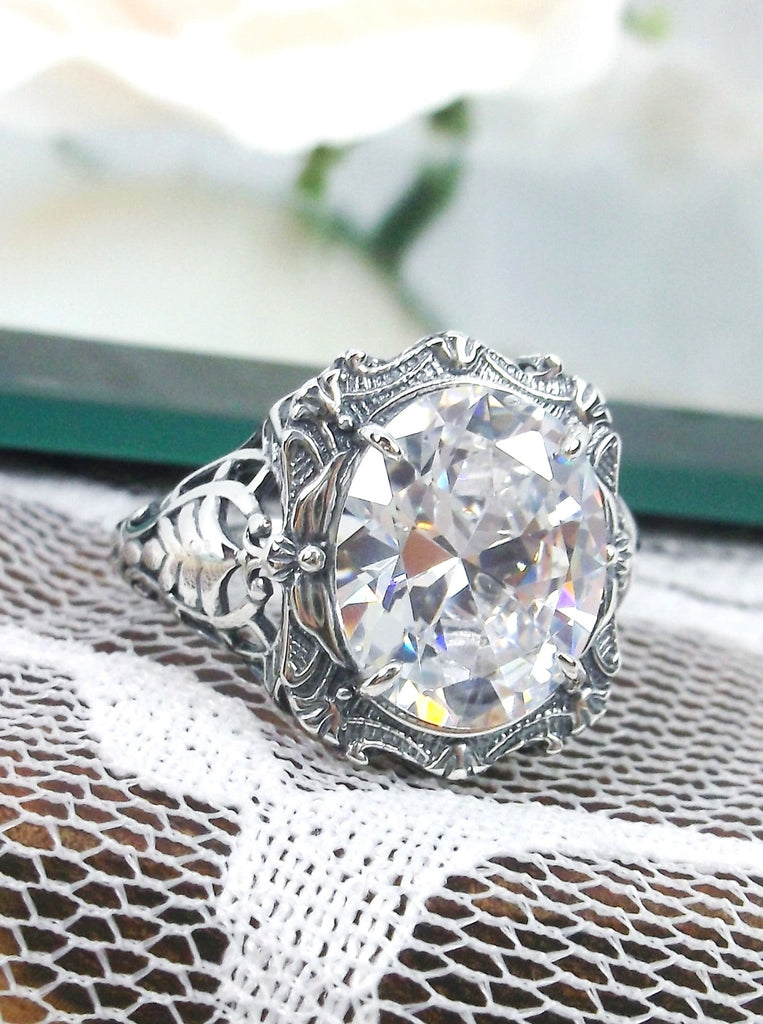 Sparkling White CZ Ring, Oval gemstone, Art Nouveau style, Sterling Silver filigree, Vintage style ring, Silver Embrace Jewelry, D229 Beauty Ring