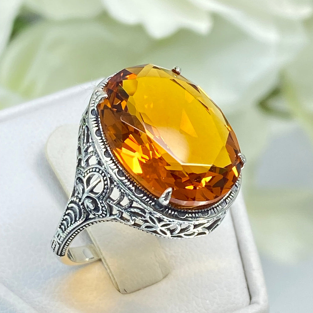 Citrine Ring, Orange Ring, Art Deco Vintage Style, Persian Design, Oval Gemstone, Large Ring, Silver Embrace Jewelry, D230