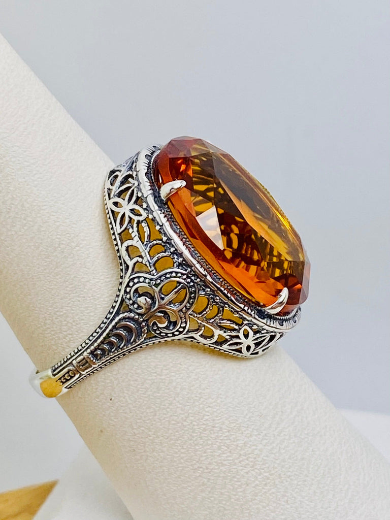 Citrine Ring, Orange Ring, Art Deco Vintage Style, Persian Design, Oval Gemstone, Large Ring, Silver Embrace Jewelry, D230