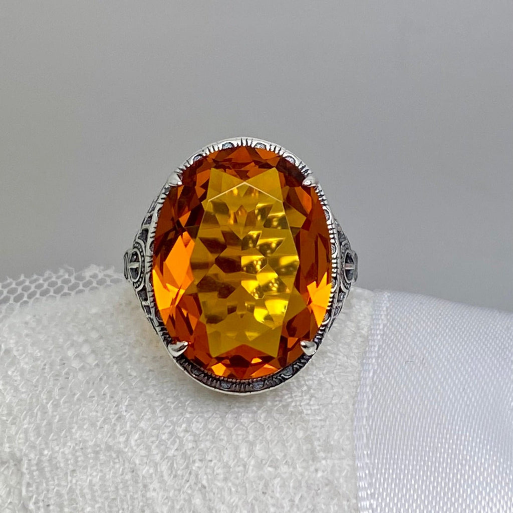 Citrine Ring, Orange Ring, Art Deco Vintage Style, Persian Design, Oval Gemstone, Large Ring, Silver Embrace Jewelry, D230