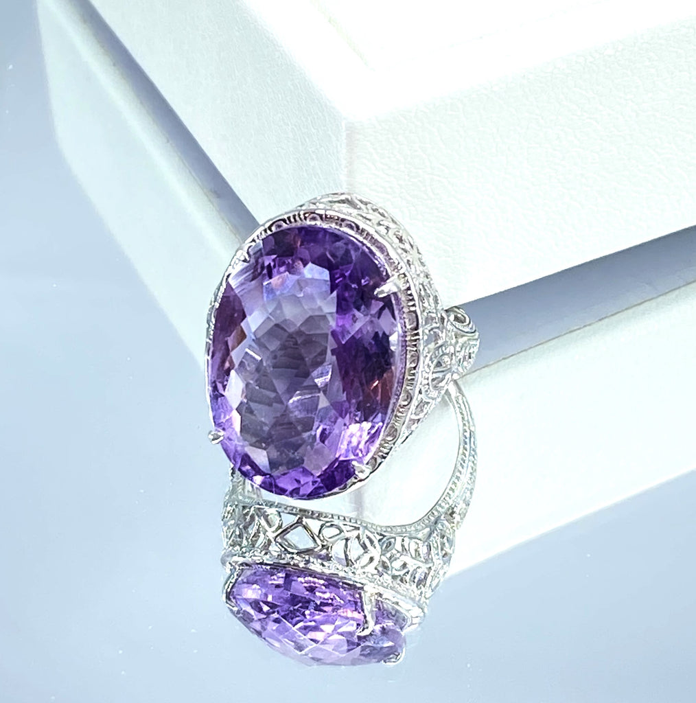Natural Purple Amethyst Ring, Persian Art Deco Ring, Vintage Jewelry, Sterling Silver, Silver Embrace Jewelry D230