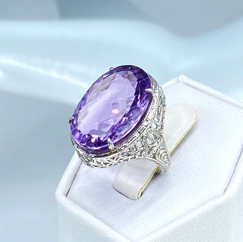 Natural Purple Amethyst Ring, Persian Art Deco Ring, Vintage Jewelry, Sterling Silver, Silver Embrace Jewelry D230