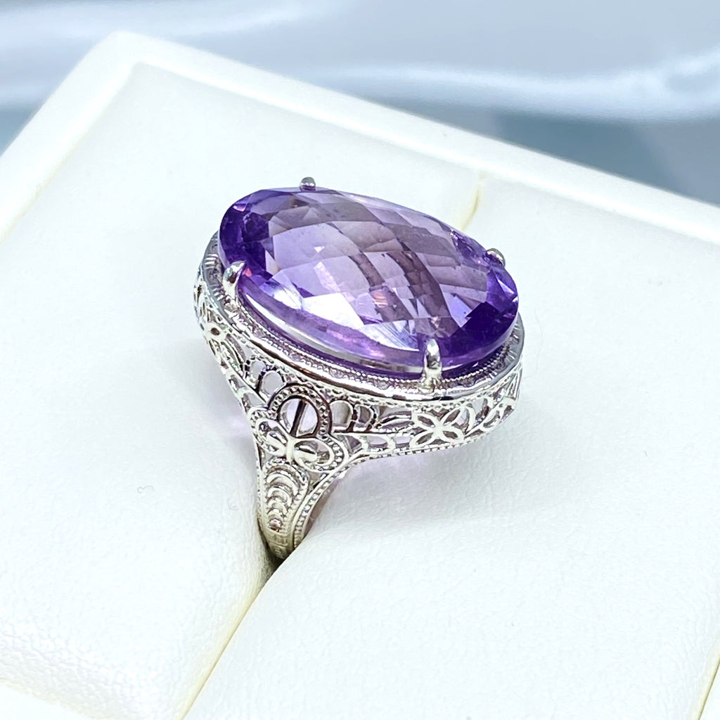 Natural Purple Amethyst Ring, Persian Art Deco Ring, Vintage Jewelry, Sterling Silver, Silver Embrace Jewelry D230