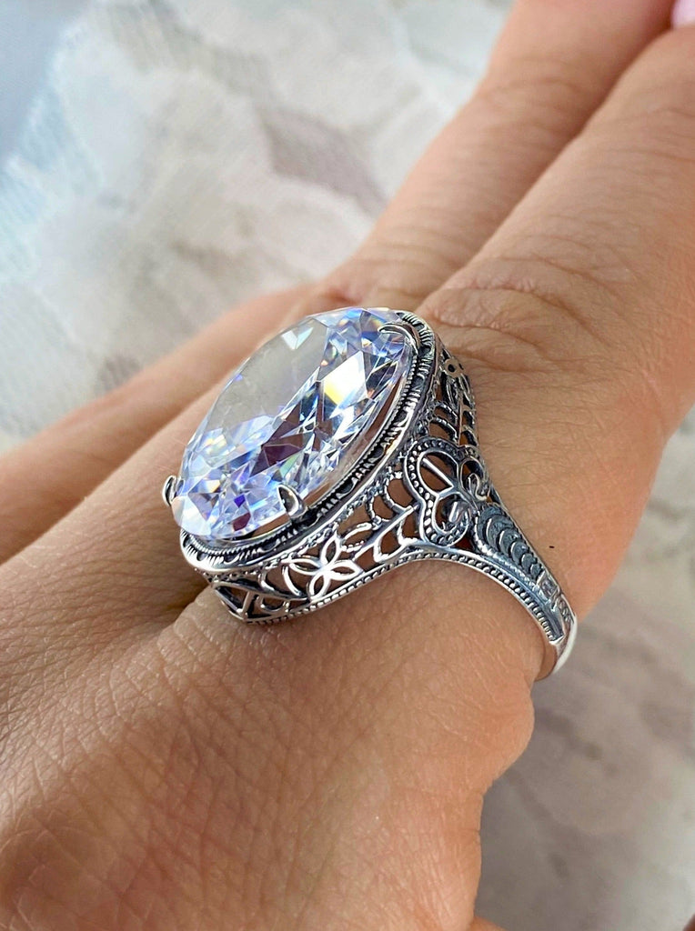 White CZ Ring, White Cubic Zirconia Persian Art Deco Ring, Vintage Jewelry, Sterling Silver, Silver Embrace Jewelry D230