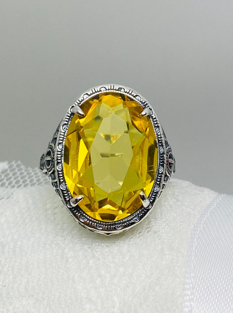 Citrine Ring, Yellow Ring, Art Deco Vintage Style, Persian Design, Oval Gemstone, Large Ring, Silver Embrace Jewelry, D230