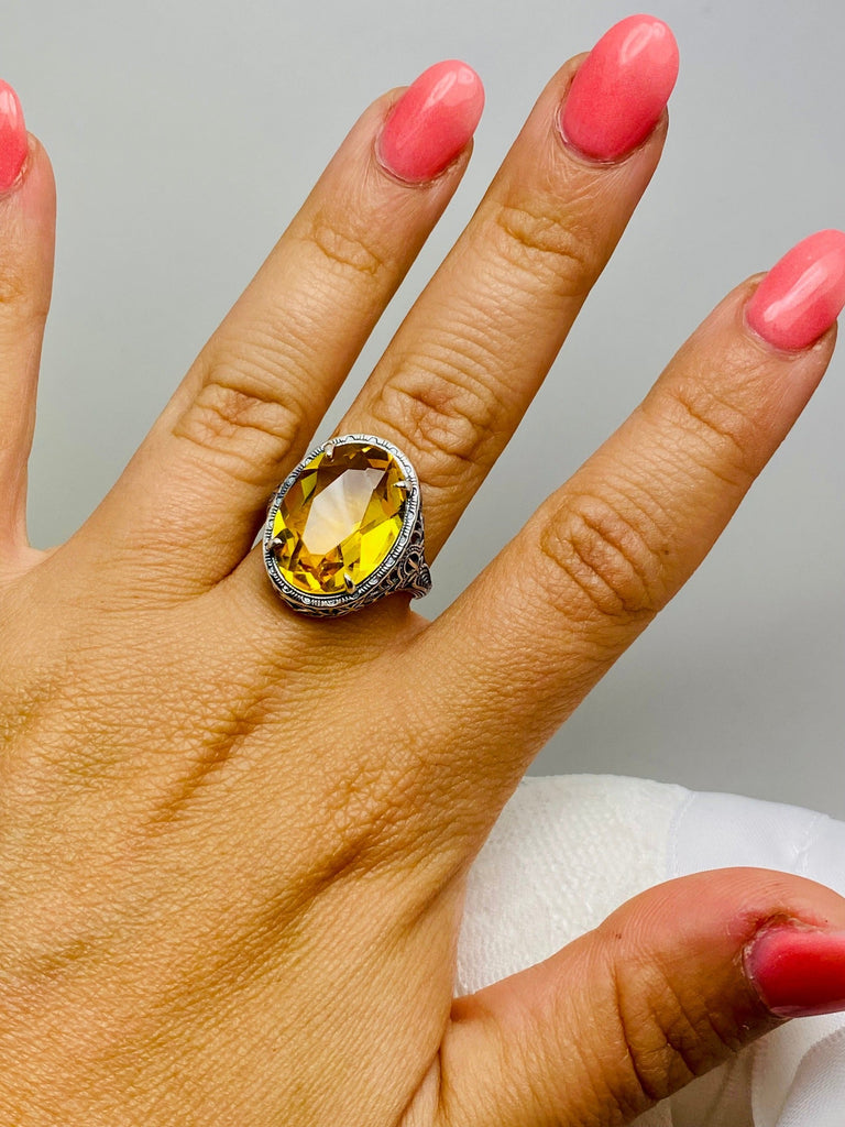 Citrine Ring, Yellow Ring, Art Deco Vintage Style, Persian Design, Oval Gemstone, Large Ring, Silver Embrace Jewelry, D230