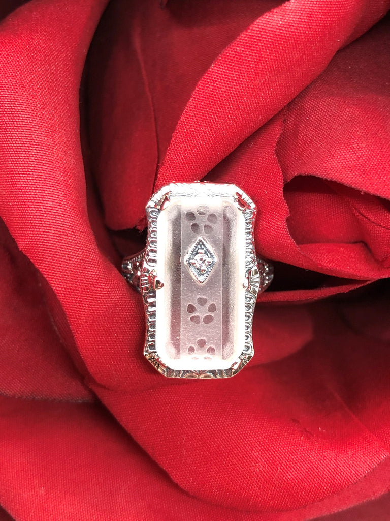 White Camphor Glass Ring with Inset Gem; choice of White CZ, Lab Moissanite, or Genuine Diamond, Edwardian Jewelry, Silver Embrace Jewelry D232