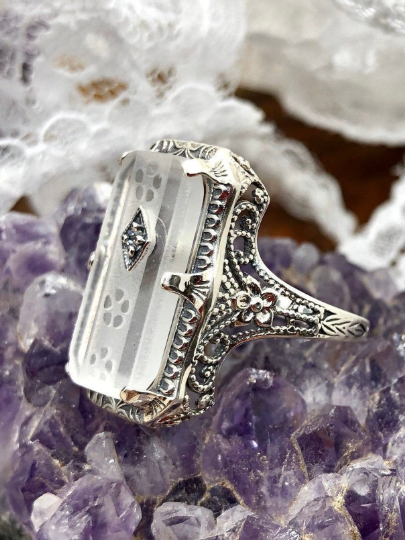 Ring, frosted white carved camphor glass, sterling silver filigree, 1915 design #D232, Silver Embrace Jewelry