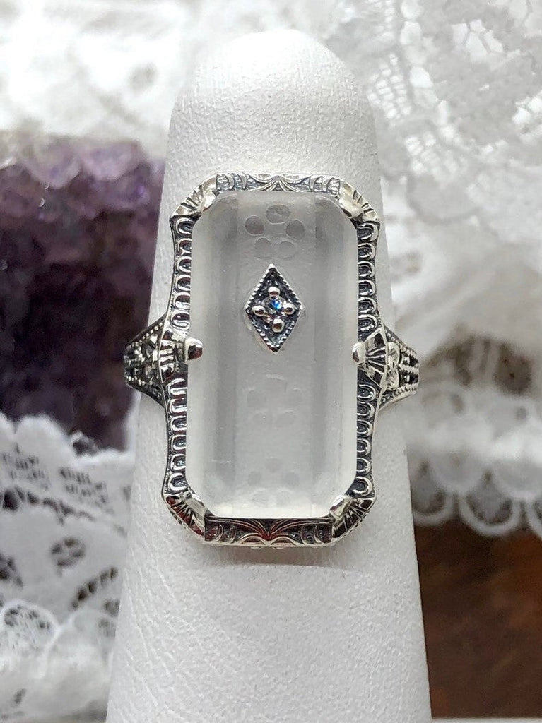 White Camphor Glass Ring with Inset Gem; choice of White CZ, Lab Moissanite, or Genuine Diamond, Edwardian Jewelry, Silver Embrace Jewelry D232