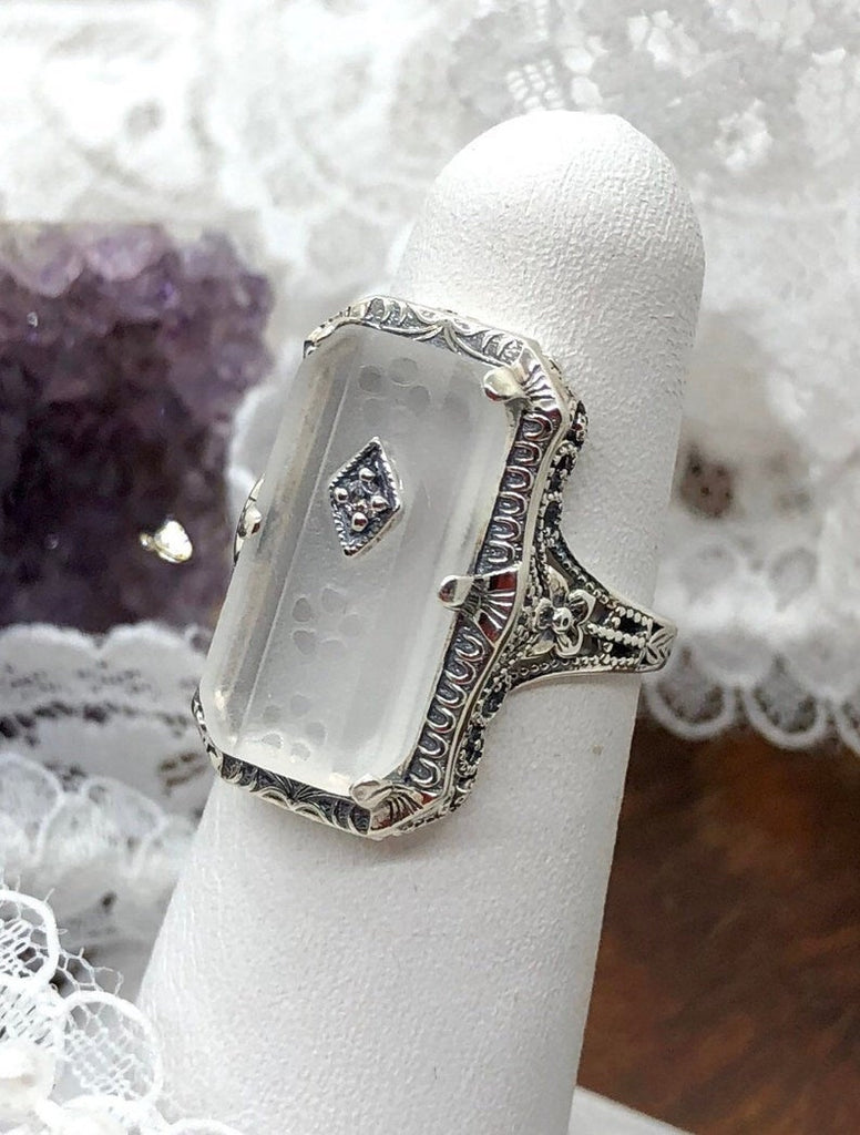White Camphor Glass Ring with Inset Gem; choice of White CZ, Lab Moissanite, or Genuine Diamond, Edwardian Jewelry, Silver Embrace Jewelry D232