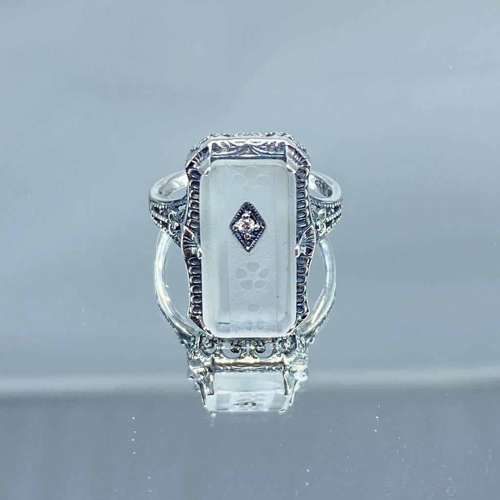 White Camphor Glass Ring with Inset Gem; choice of White CZ, Lab Moissanite, or Genuine Diamond, Edwardian Jewelry, Silver Embrace Jewelry D232