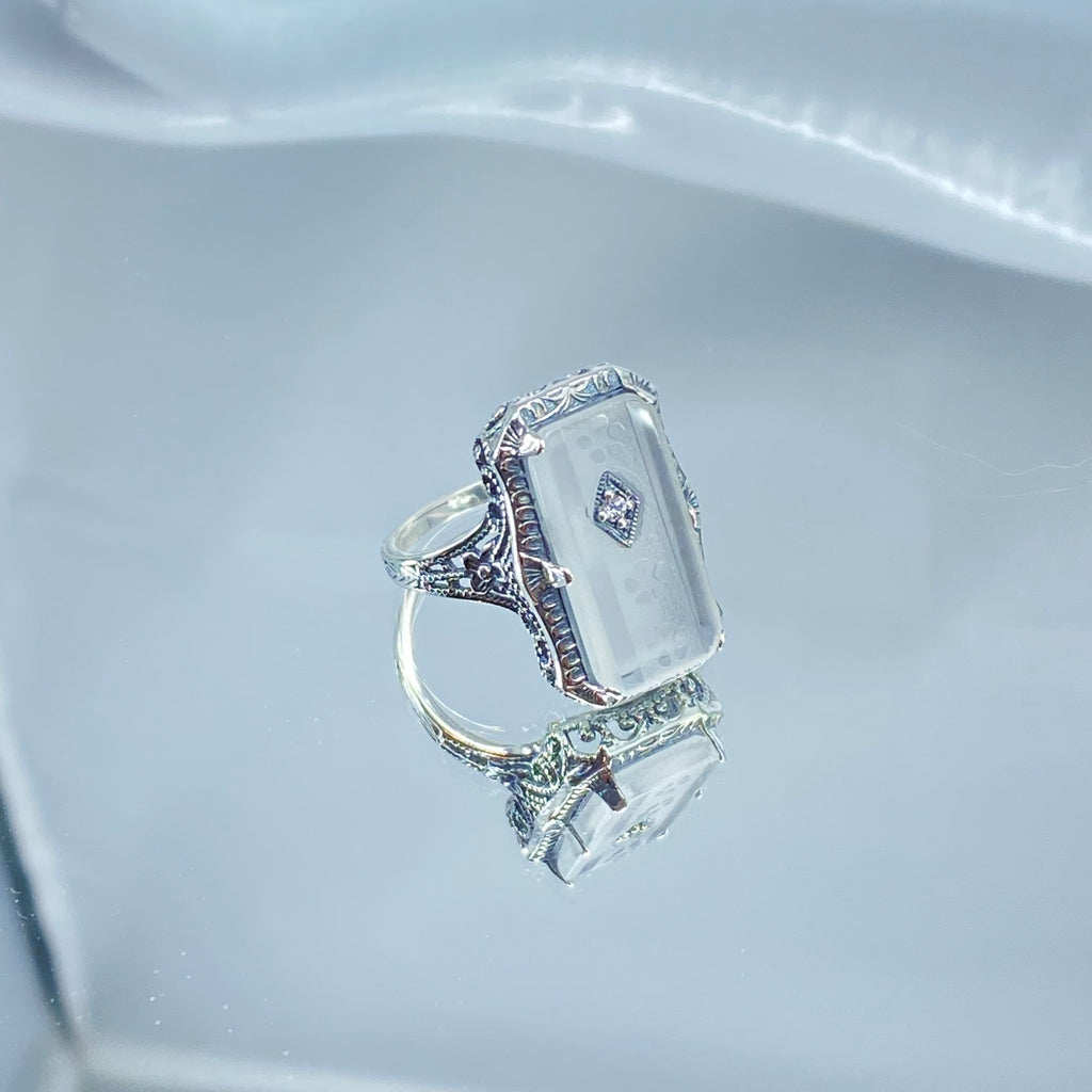 White Camphor Glass Ring with Inset Gem; choice of White CZ, Lab Moissanite, or Genuine Diamond, Edwardian Jewelry, Silver Embrace Jewelry D232