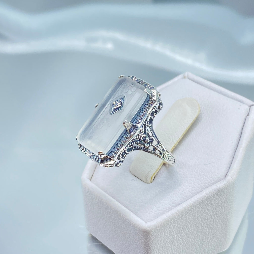White Camphor Glass Ring with Inset Gem; choice of White CZ, Lab Moissanite, or Genuine Diamond, Edwardian Jewelry, Silver Embrace Jewelry D232
