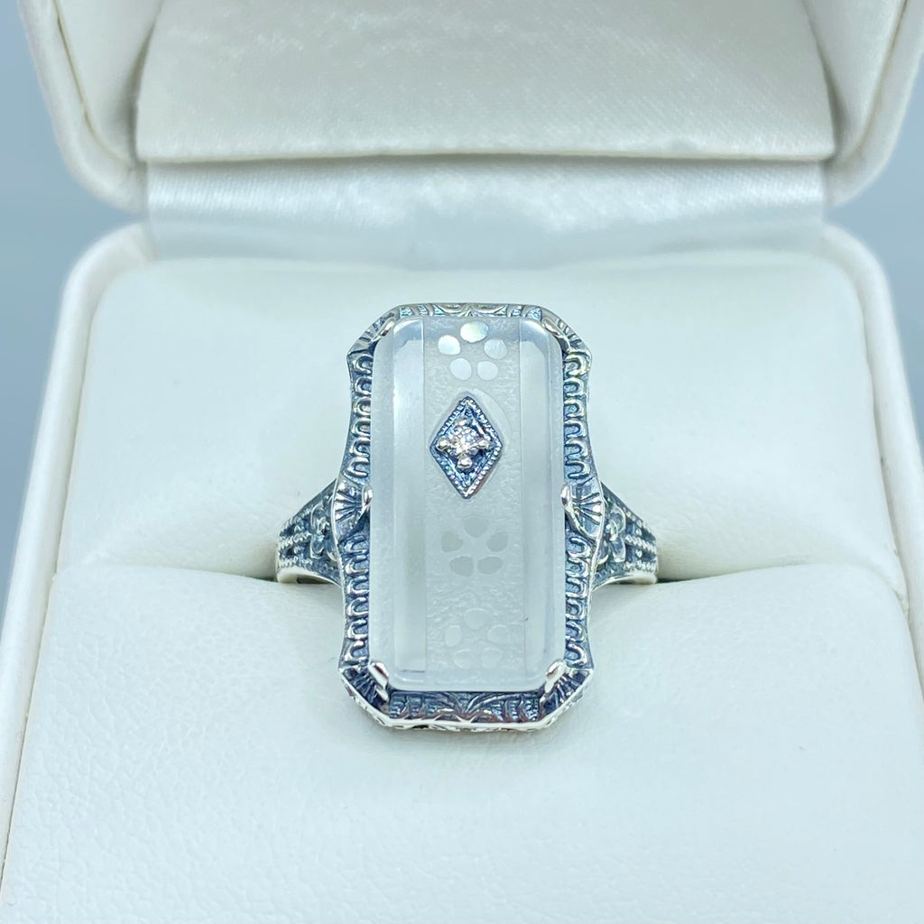 White Camphor Glass Ring with Inset Gem; choice of White CZ, Lab Moissanite, or Genuine Diamond, Edwardian Jewelry, Silver Embrace Jewelry D232