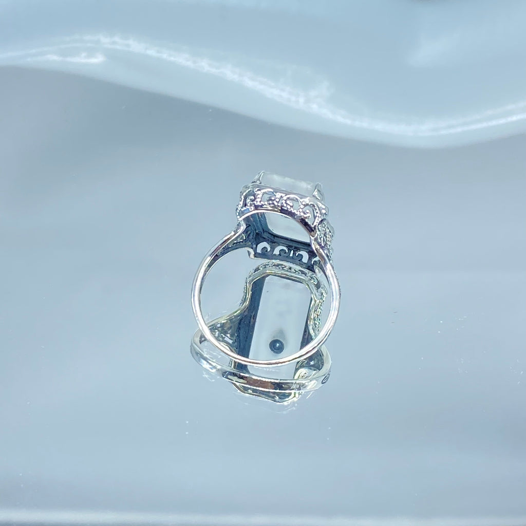 White Camphor Glass Ring with Inset Gem; choice of White CZ, Lab Moissanite, or Genuine Diamond, Edwardian Jewelry, Silver Embrace Jewelry D232
