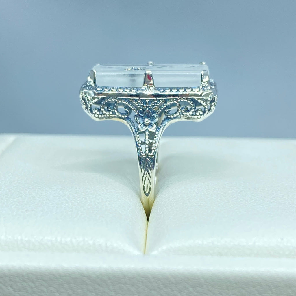 White Camphor Glass Ring with Inset Gem; choice of White CZ, Lab Moissanite, or Genuine Diamond, Edwardian Jewelry, Silver Embrace Jewelry D232