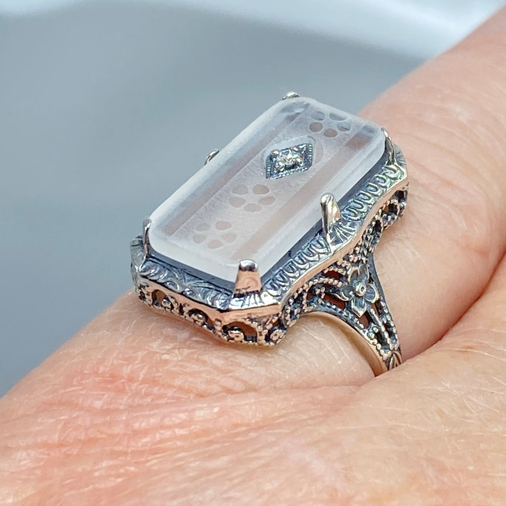 White Camphor Glass Ring with Inset Genuine Diamond, Edwardian Jewelry, Silver Embrace Jewelry D232