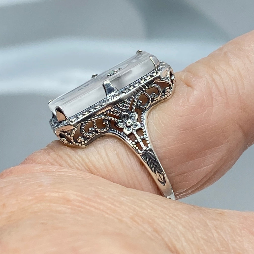 White Camphor Glass Ring with Inset Gem; choice of White CZ, Lab Moissanite, or Genuine Diamond, Edwardian Jewelry, Silver Embrace Jewelry D232