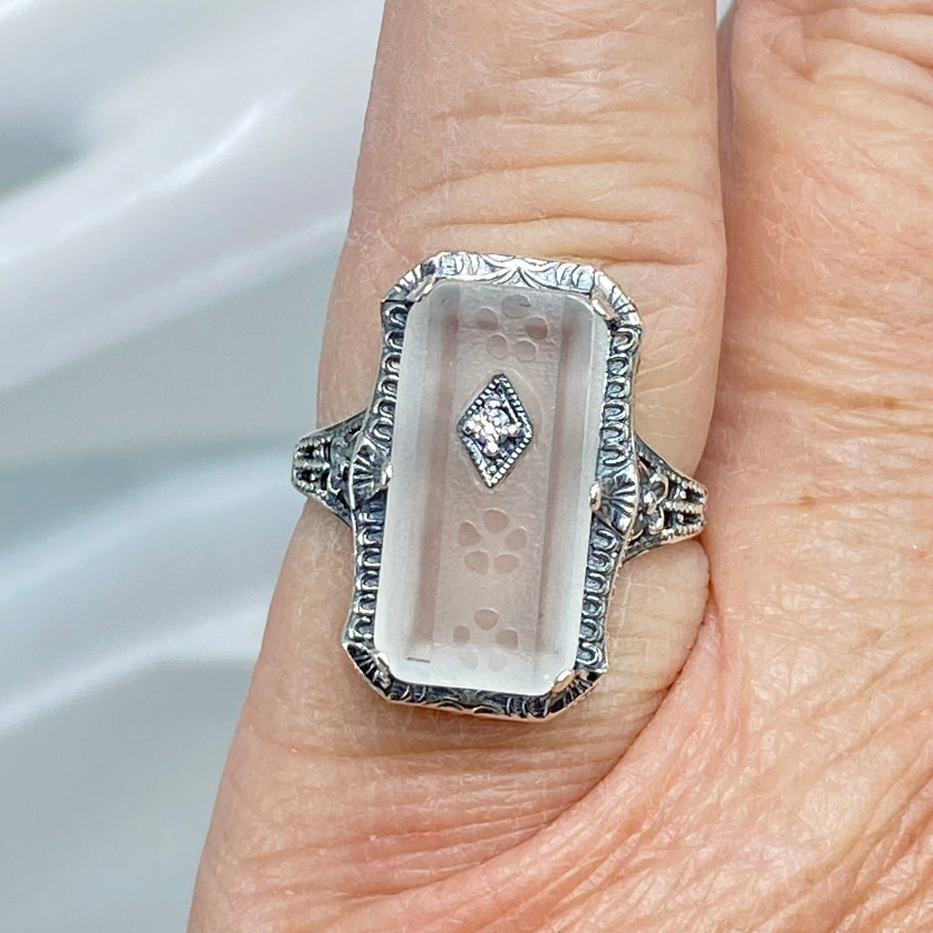 White Camphor Glass Ring with Inset Gem; choice of White CZ, Lab Moissanite, or Genuine Diamond, Edwardian Jewelry, Silver Embrace Jewelry D232