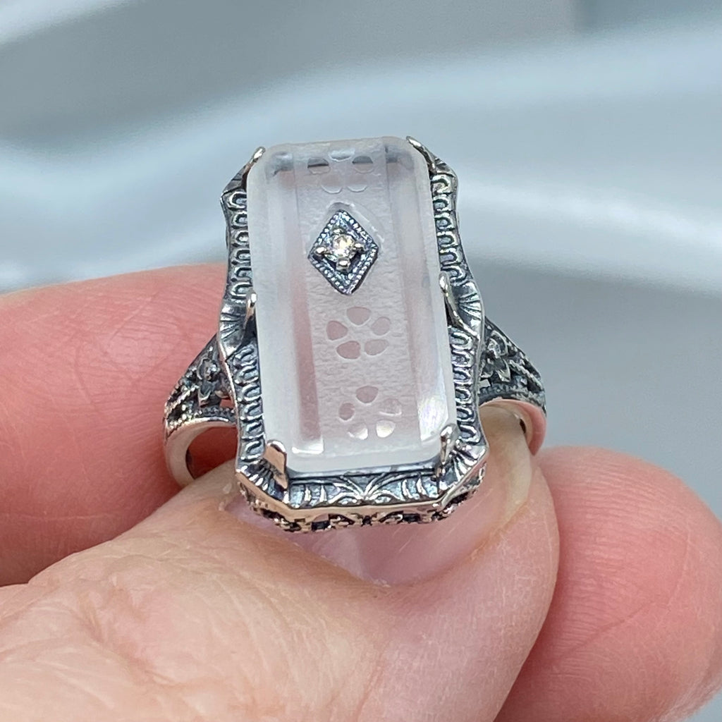 White Camphor Glass Ring with Inset Genuine Diamond, Edwardian Jewelry, Silver Embrace Jewelry D232
