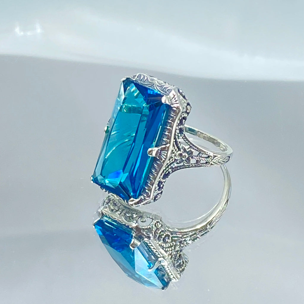London Blue Ring, Edwardian Jewelry, Sterling silver filigree, Silver Embrace Jewelry D232, 