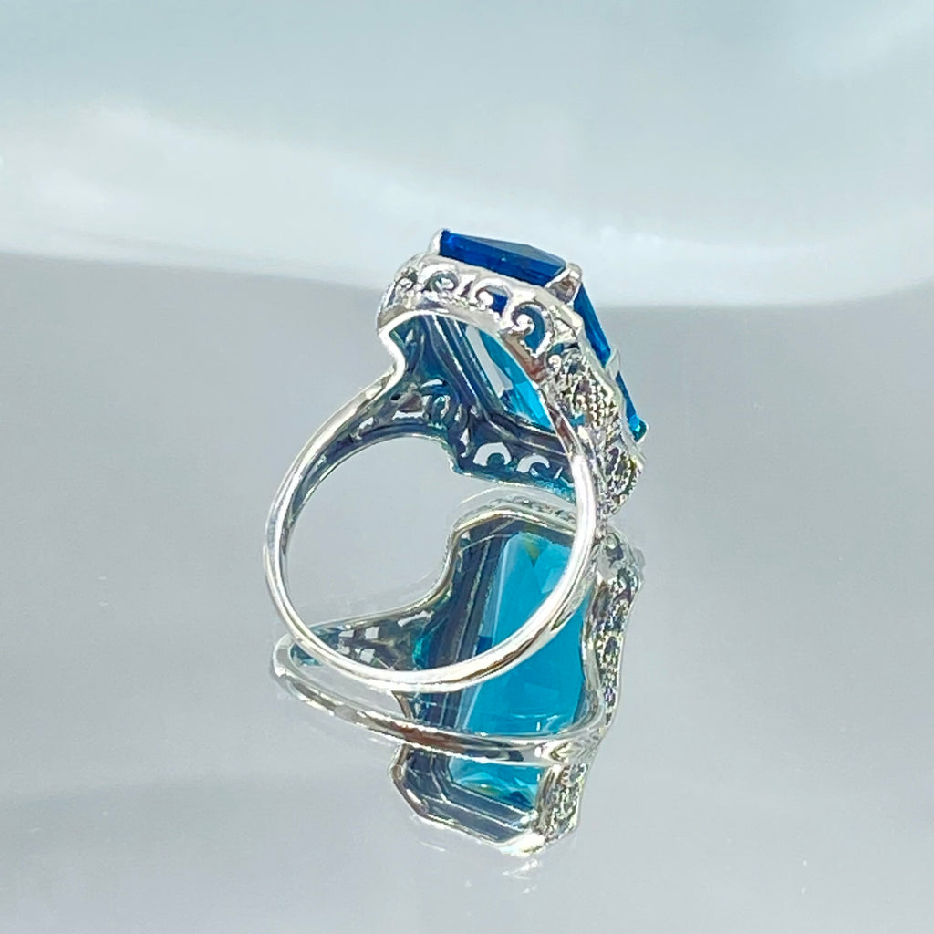 London Blue Ring, Edwardian Jewelry, Sterling silver filigree, Silver Embrace Jewelry D232, 