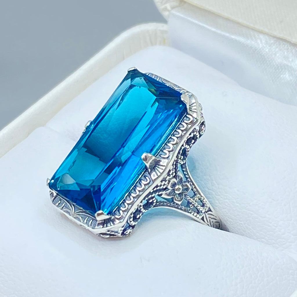 London Blue Ring, Edwardian Jewelry, Sterling silver filigree, Silver Embrace Jewelry D232, 