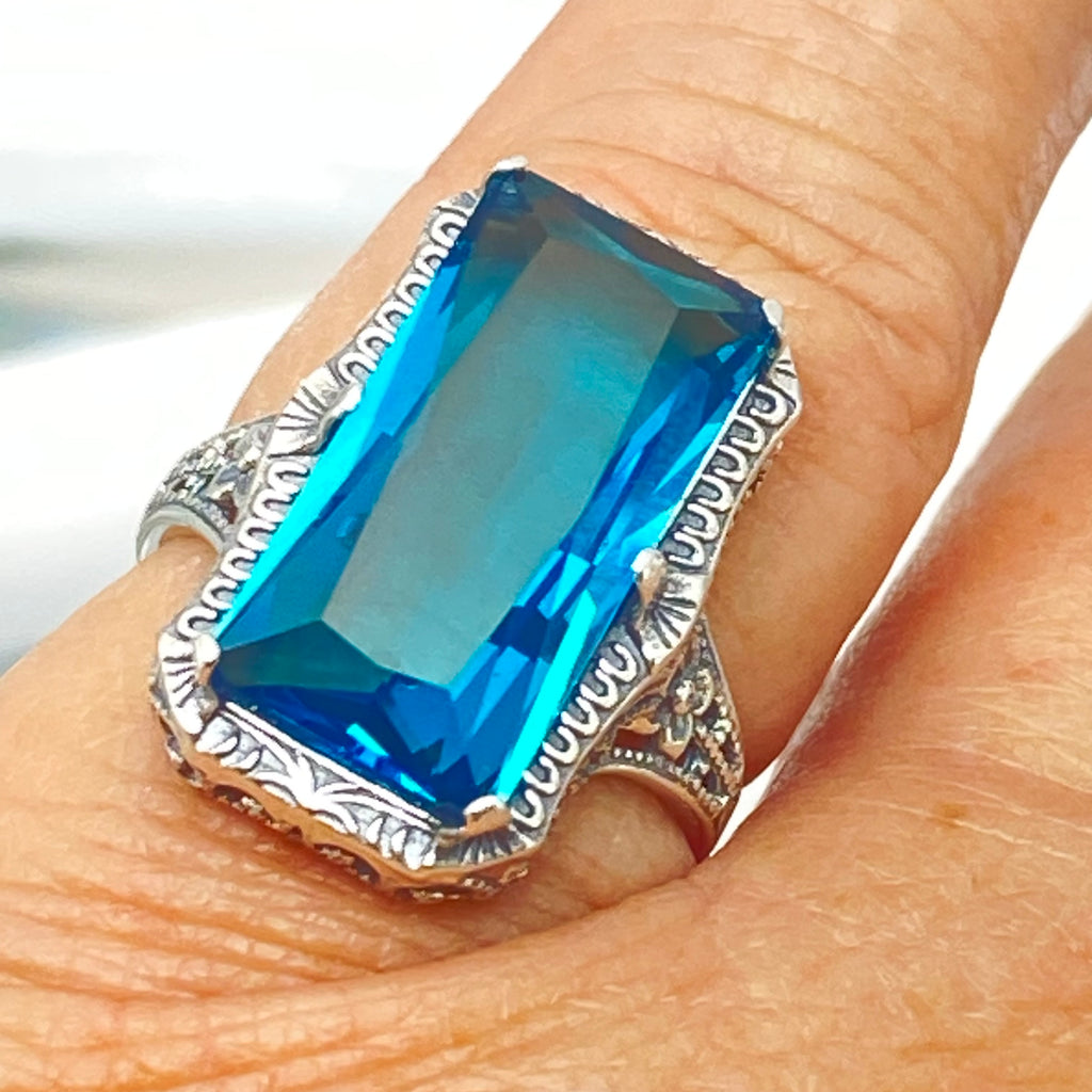 London Blue Ring, Edwardian Jewelry, Sterling silver filigree, Silver Embrace Jewelry D232, 