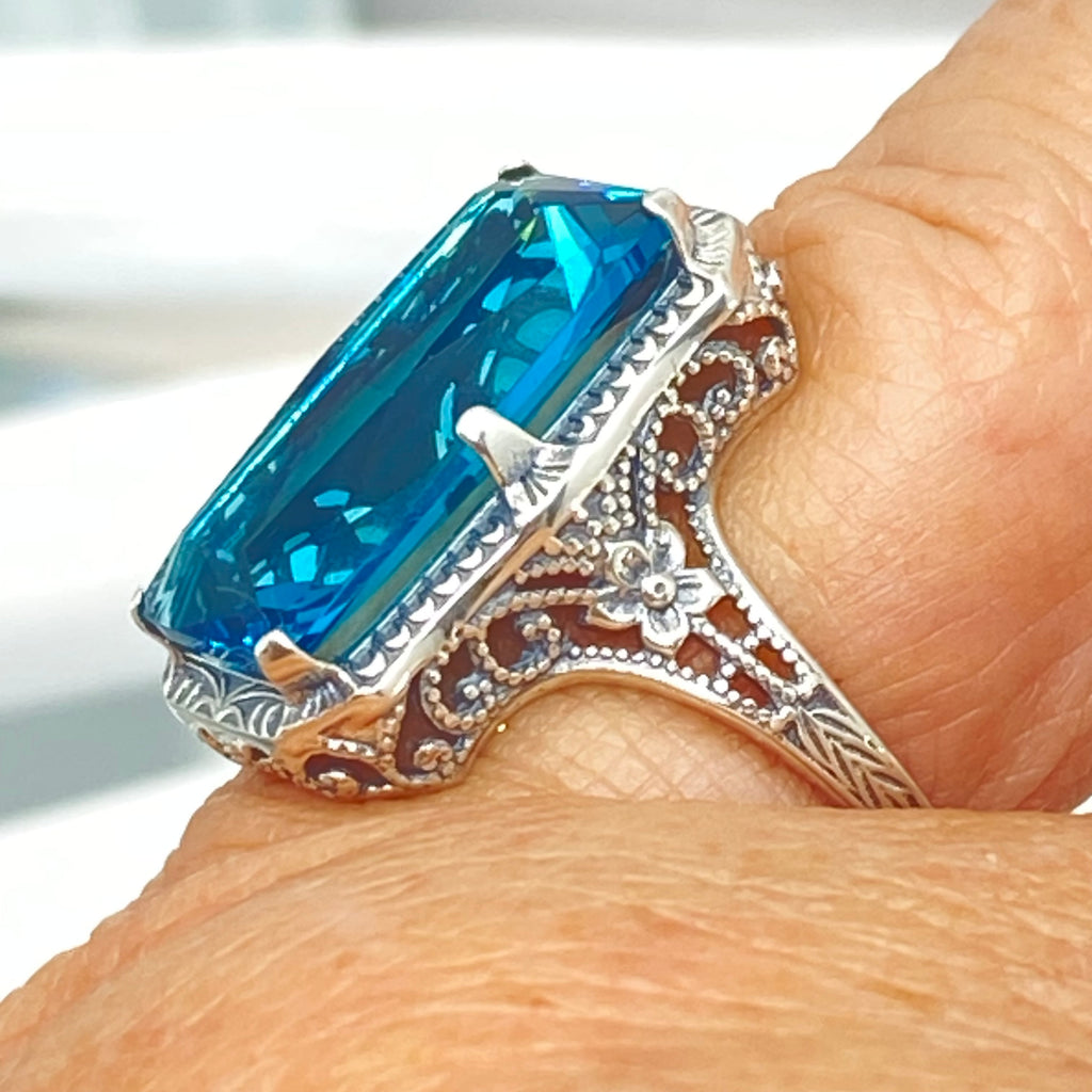 London Blue Ring, Edwardian Jewelry, Sterling silver filigree, Silver Embrace Jewelry D232, 