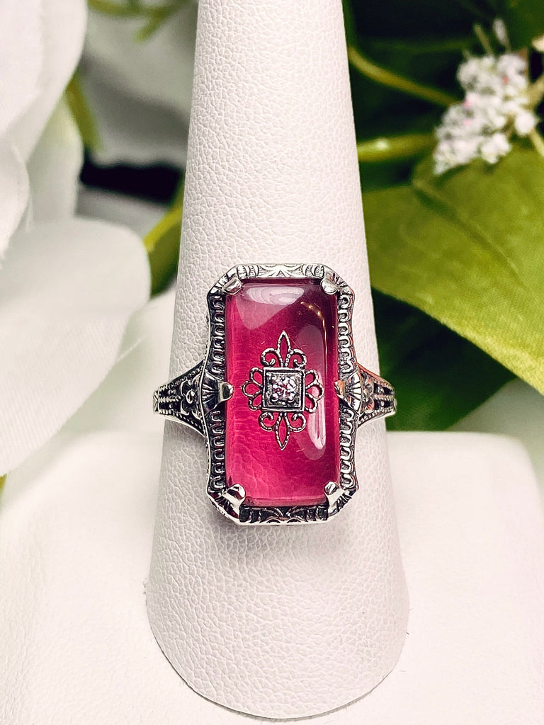 Pink Cabochon glass ring with inset embellishment and sterling silver filigree, 1915 Vintage style, edwardian jewelry, Silver Embrace Jewelry, D232e
