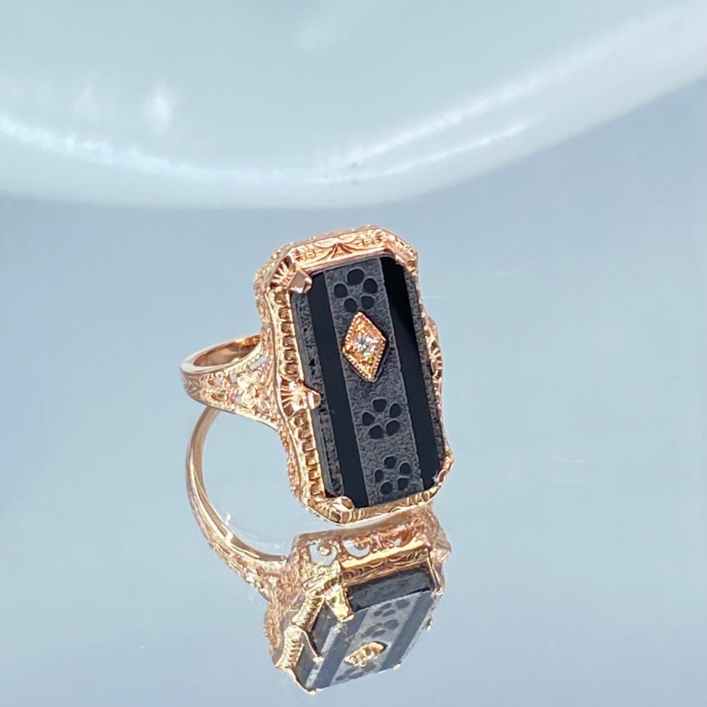 Black Camphor Glass Ring, Rose gold over sterling silver, with Inset Gem; choice of White CZ, Lab Moissanite, or Genuine Diamond, Edwardian Jewelry, Silver Embrace Jewelry D232