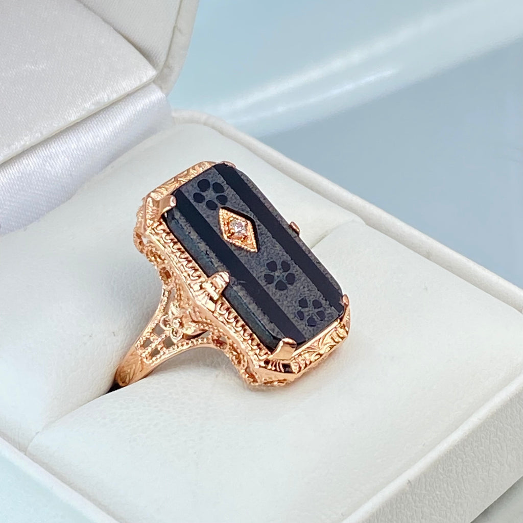 Black Camphor Glass Ring, Rose gold over sterling silver, with Inset Gem; choice of White CZ, Lab Moissanite, or Genuine Diamond, Edwardian Jewelry, Silver Embrace Jewelry D232