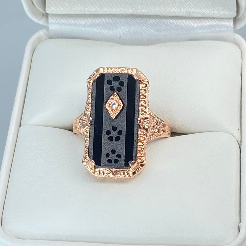 Black Camphor Glass Ring, Rose gold over sterling silver, with Inset Gem; choice of White CZ, Lab Moissanite, or Genuine Diamond, Edwardian Jewelry, Silver Embrace Jewelry D232