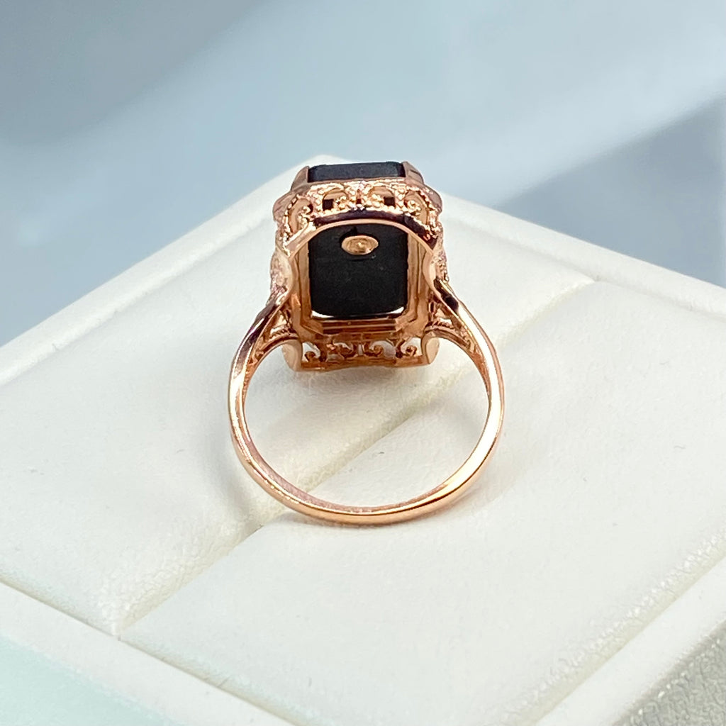 Black Camphor Glass Ring, Rose gold over sterling silver, with Inset Gem; choice of White CZ, Lab Moissanite, or Genuine Diamond, Edwardian Jewelry, Silver Embrace Jewelry D232