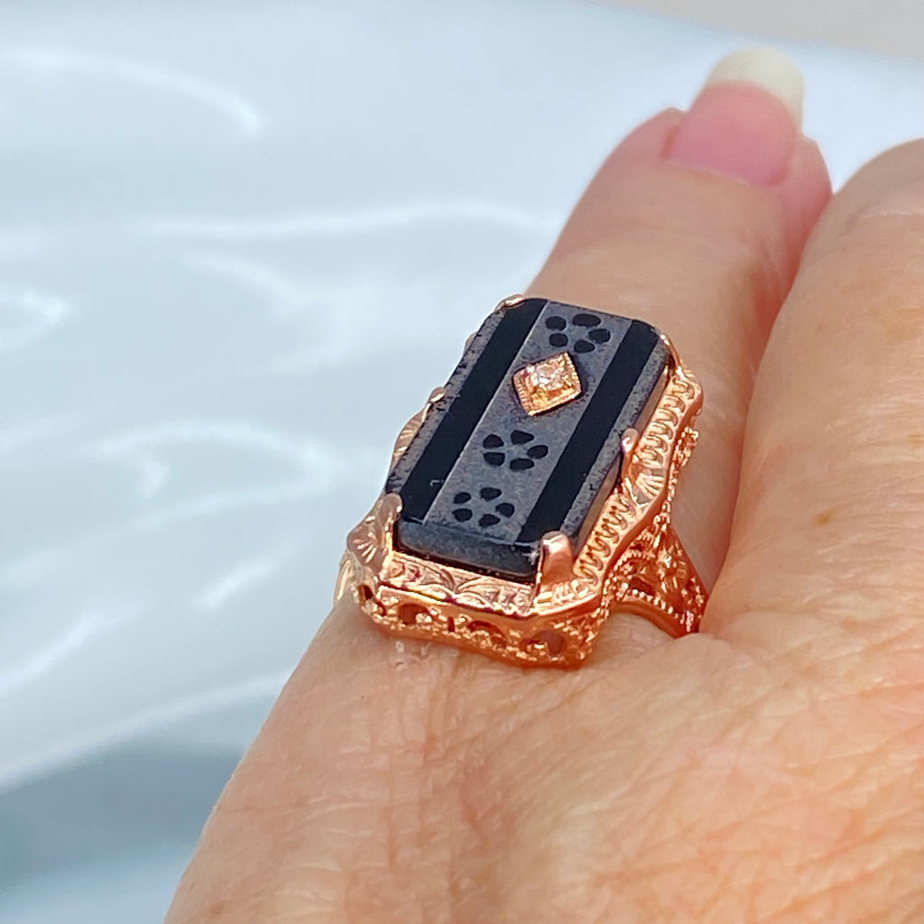 Black Camphor Glass Ring, Rose gold over sterling silver, with Inset Gem; choice of White CZ, Lab Moissanite, or Genuine Diamond, Edwardian Jewelry, Silver Embrace Jewelry D232