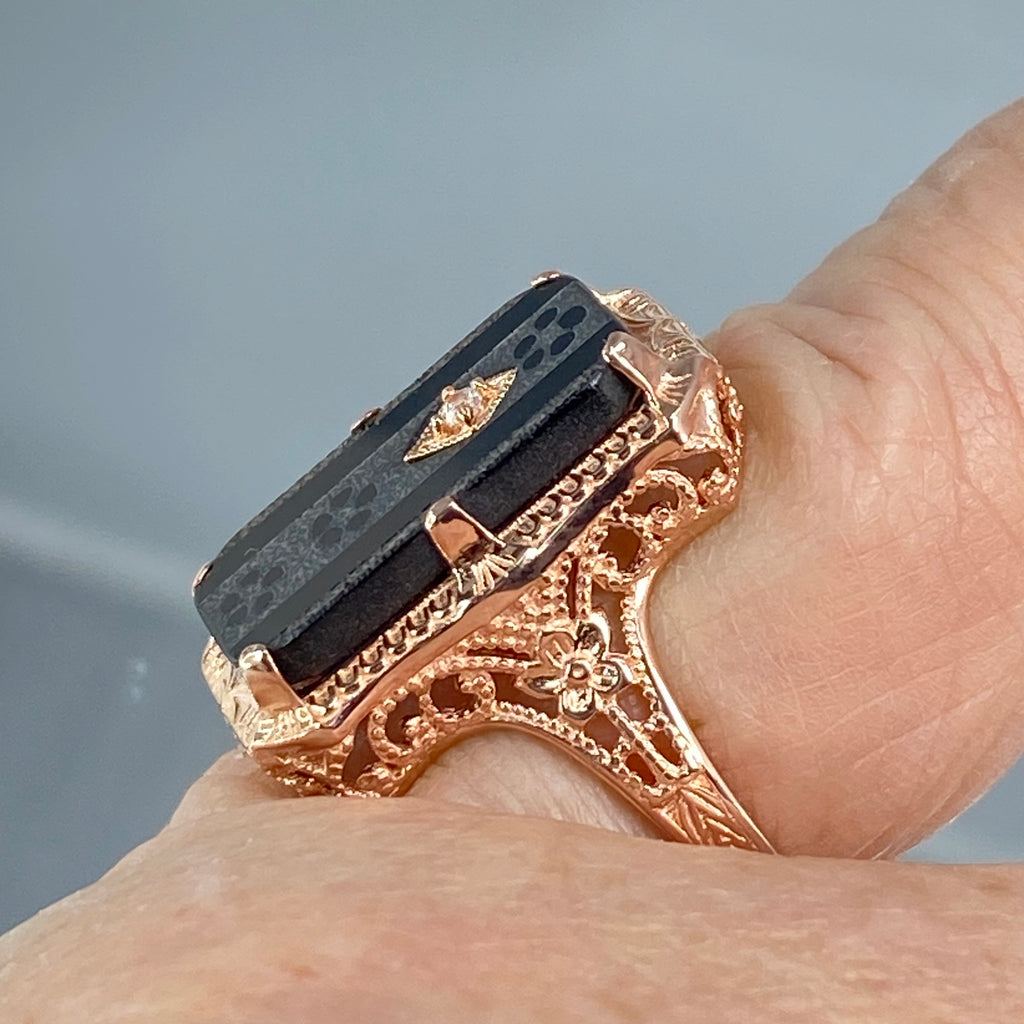 Black Camphor Glass Ring, Rose gold over sterling silver, with Inset Gem; choice of White CZ, Lab Moissanite, or Genuine Diamond, Edwardian Jewelry, Silver Embrace Jewelry D232