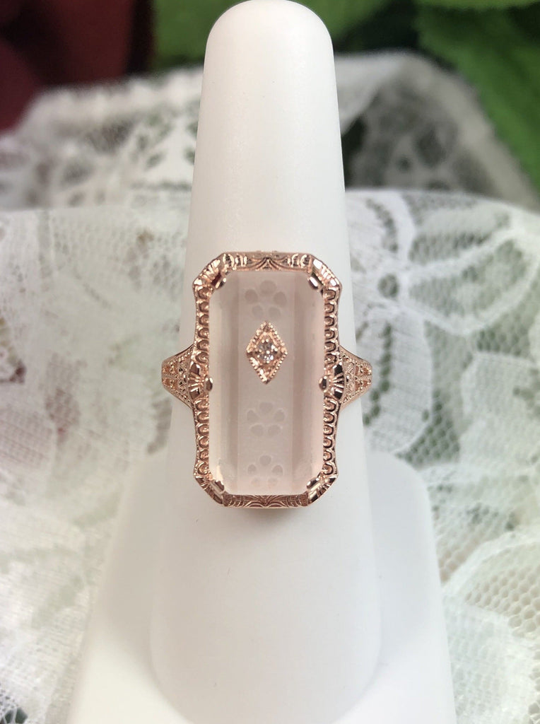 Ring, frosted white carved camphor glass, rose gold plated sterling silver filigree, 1915 design #D232, Silver Embrace Jewelry